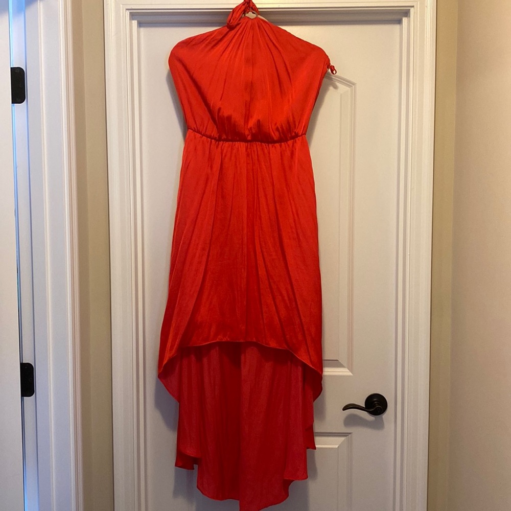 White House Black Market red silky asymmetrical dress